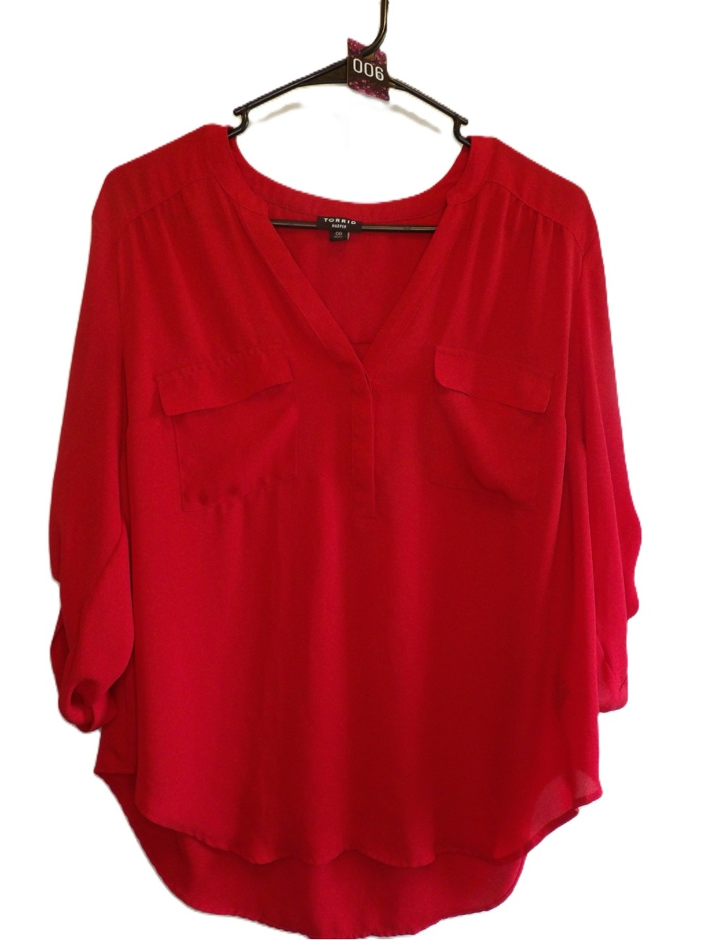 torrid Bright Red V-Neck Blouse with Front Flap Pockets